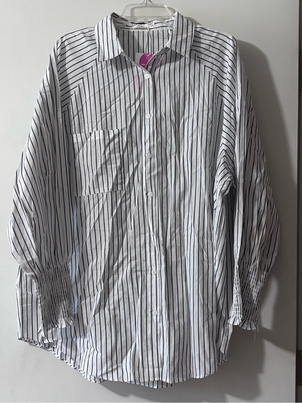 Striped White and Black Button-Front Tunic Top